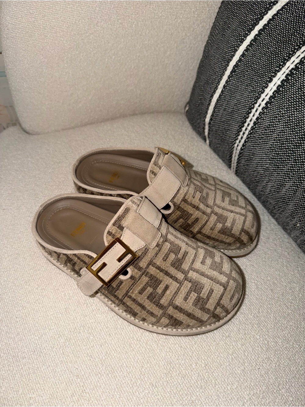 Fendi Beige FF Mules with Gold Buckle